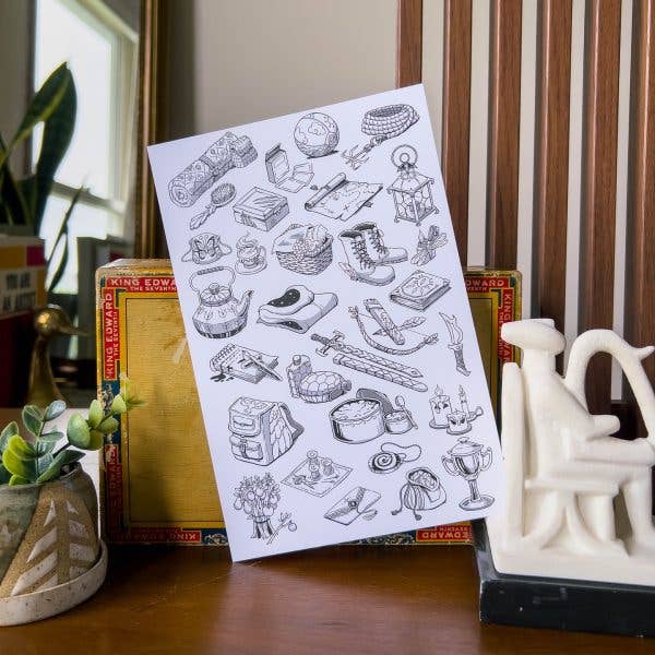 Peddler’s Prize white print with hand-drawn fantasy adventure icons.