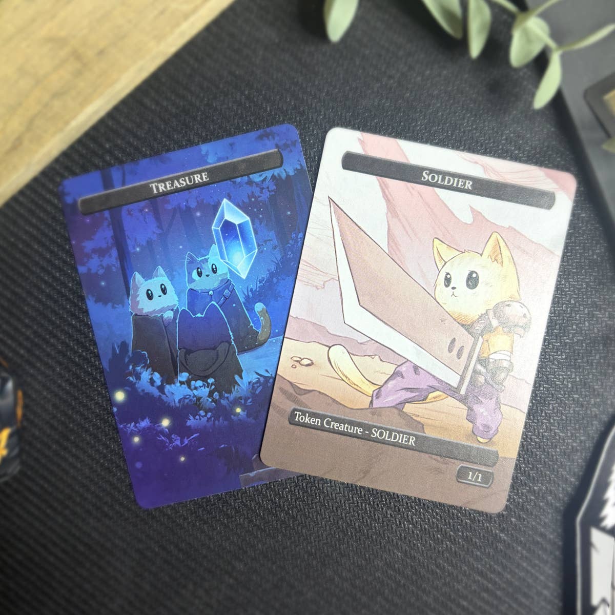 SOLDIER & Treasure Token Set with a blue gem cat token and an armored cat holding a large sword.