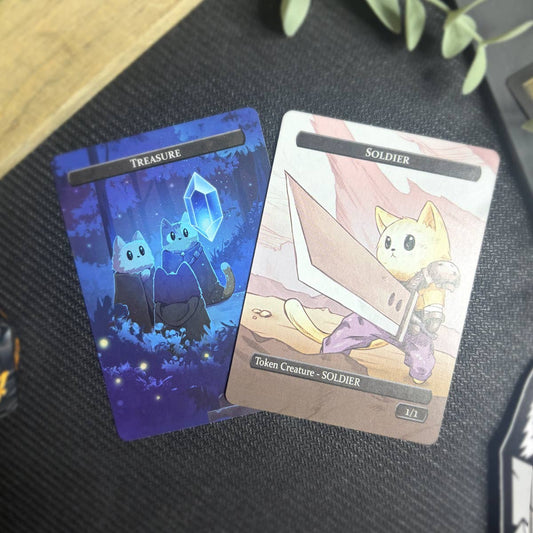 SOLDIER & Treasure Token Set with a blue gem cat token and an armored cat holding a large sword.