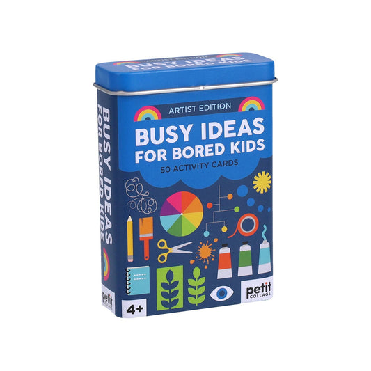 Busy Ideas for Bored Kids: Artist Edition, 50 screen-free crafts for ages 4+, packaged in a blue tin.