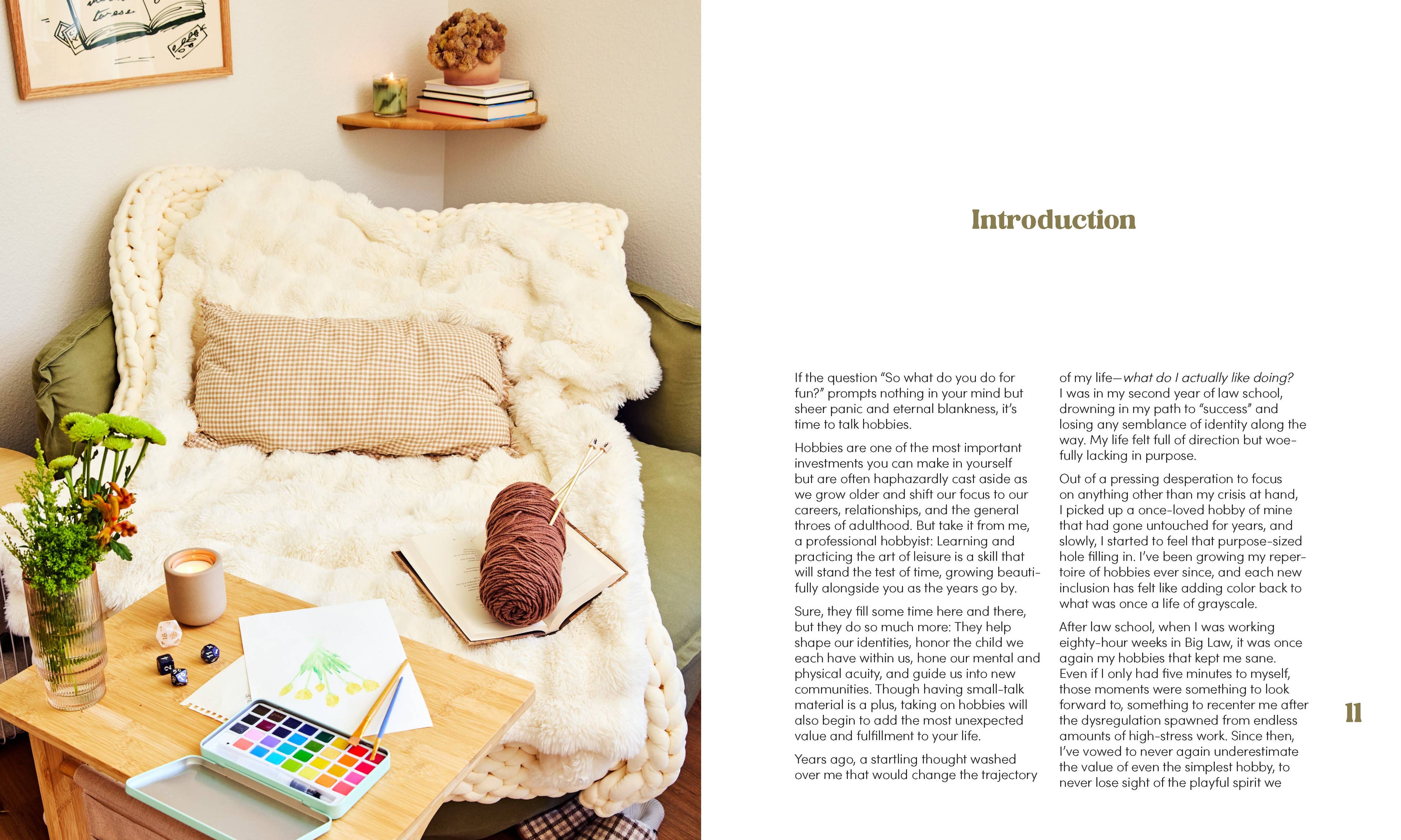 Chair with blanket and pillows, yarn, plants, art supplies, and Kennedy Rose book open to intro page.