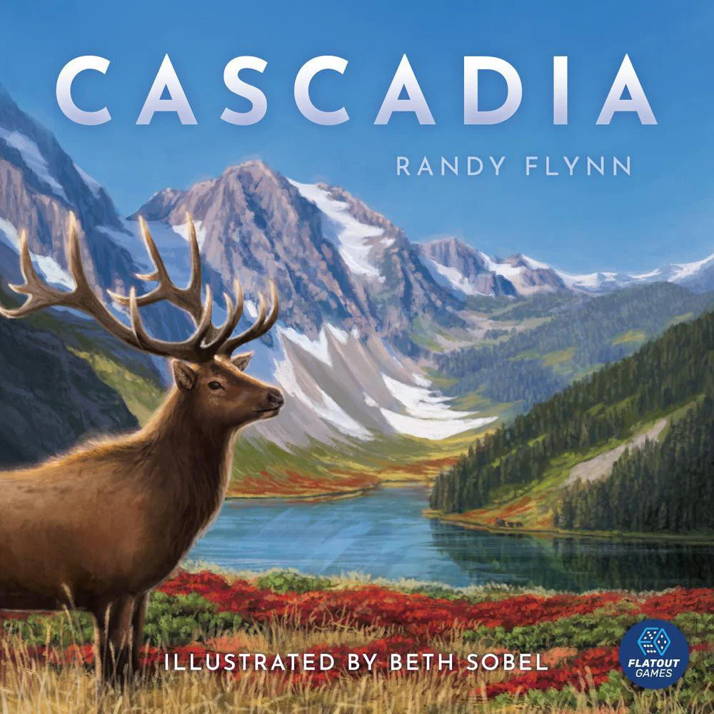 Pacific Northwest Cascadia elk-themed product with large elk by mountain lake and snowy peaks in background.