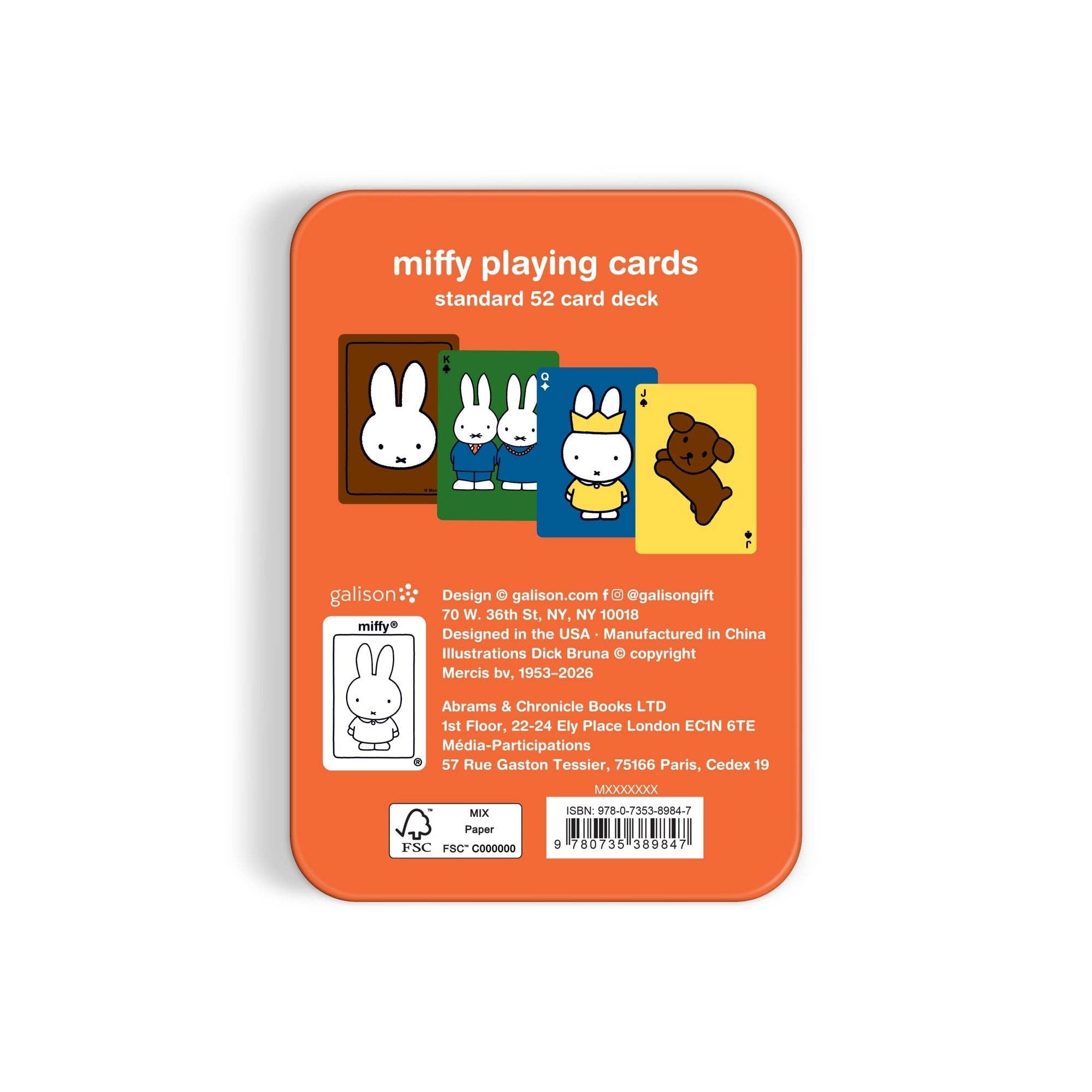 Miffy Playing Card Deck with 52 standard cards in an orange tin featuring Miffy, friends, and a dog.