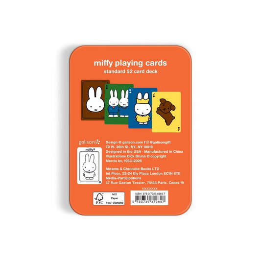 Miffy Playing Card Deck with 52 standard cards in an orange tin featuring Miffy, friends, and a dog.