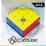 NEXcube 4x4 Classic puzzle with yellow, red, and blue faces shown in NEXCUBE packaging.