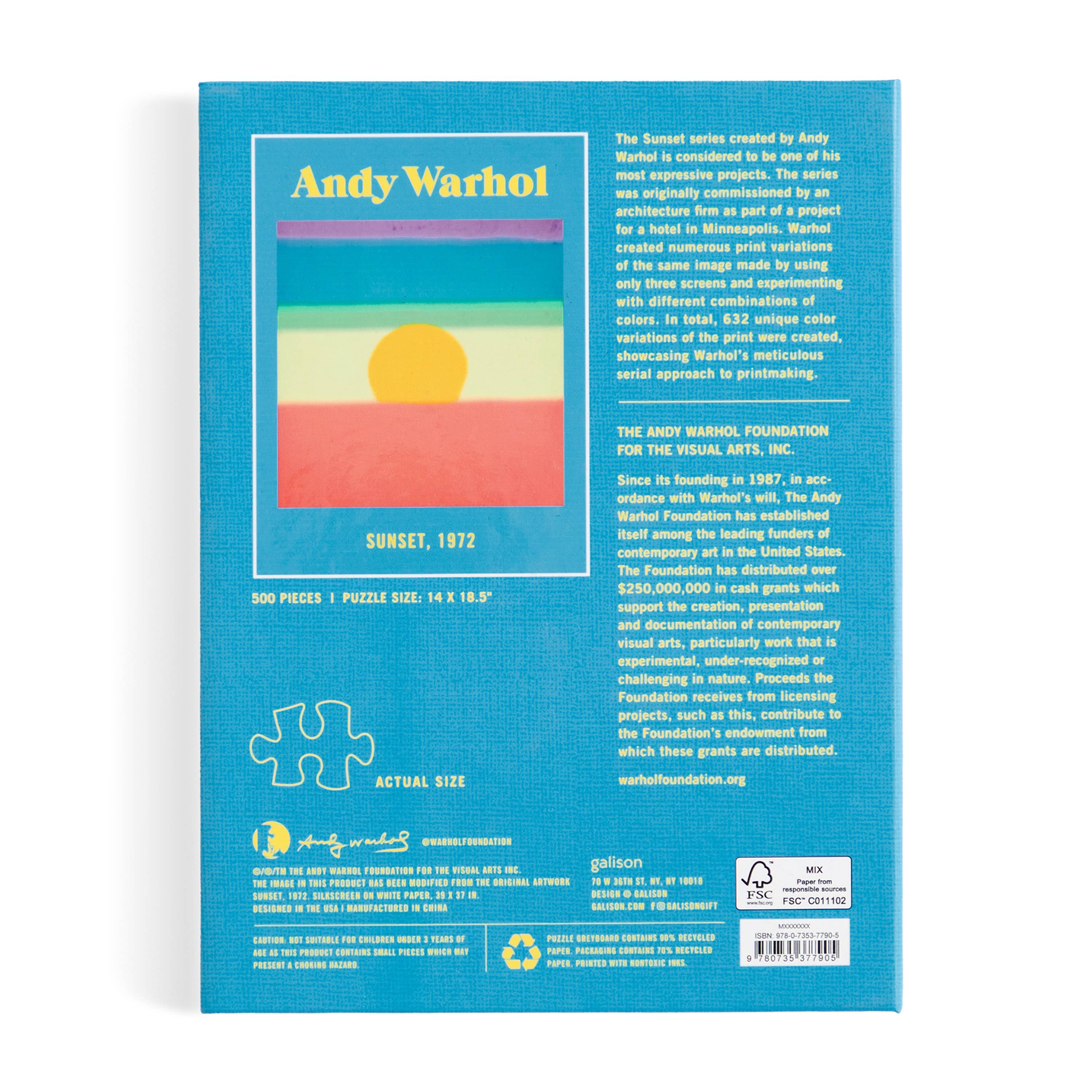 Back of Andy Warhol Sunset 500 Piece Book Puzzle showing 1972 Sunset art and puzzle information.