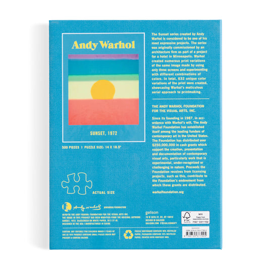 Back of Andy Warhol Sunset 500 Piece Book Puzzle showing 1972 Sunset art and puzzle information.