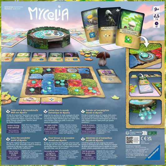 Back of Mycelia box showing game setup, components, cards, tokens, and product details for the deck-building game.