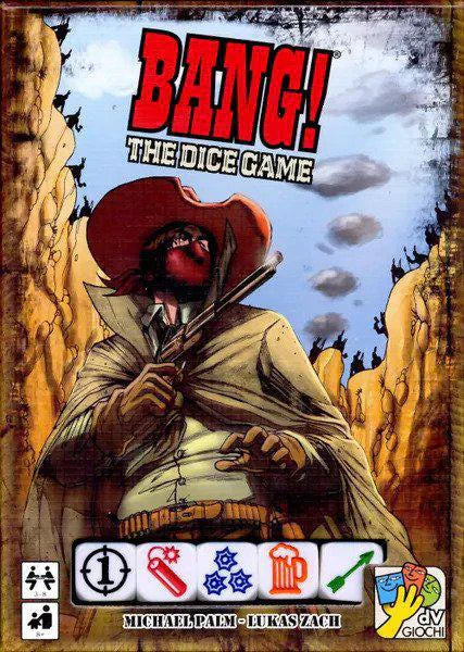 Bang: The Dice Game box showing title with dice icons and a masked cowboy in a red hat aiming pistols.