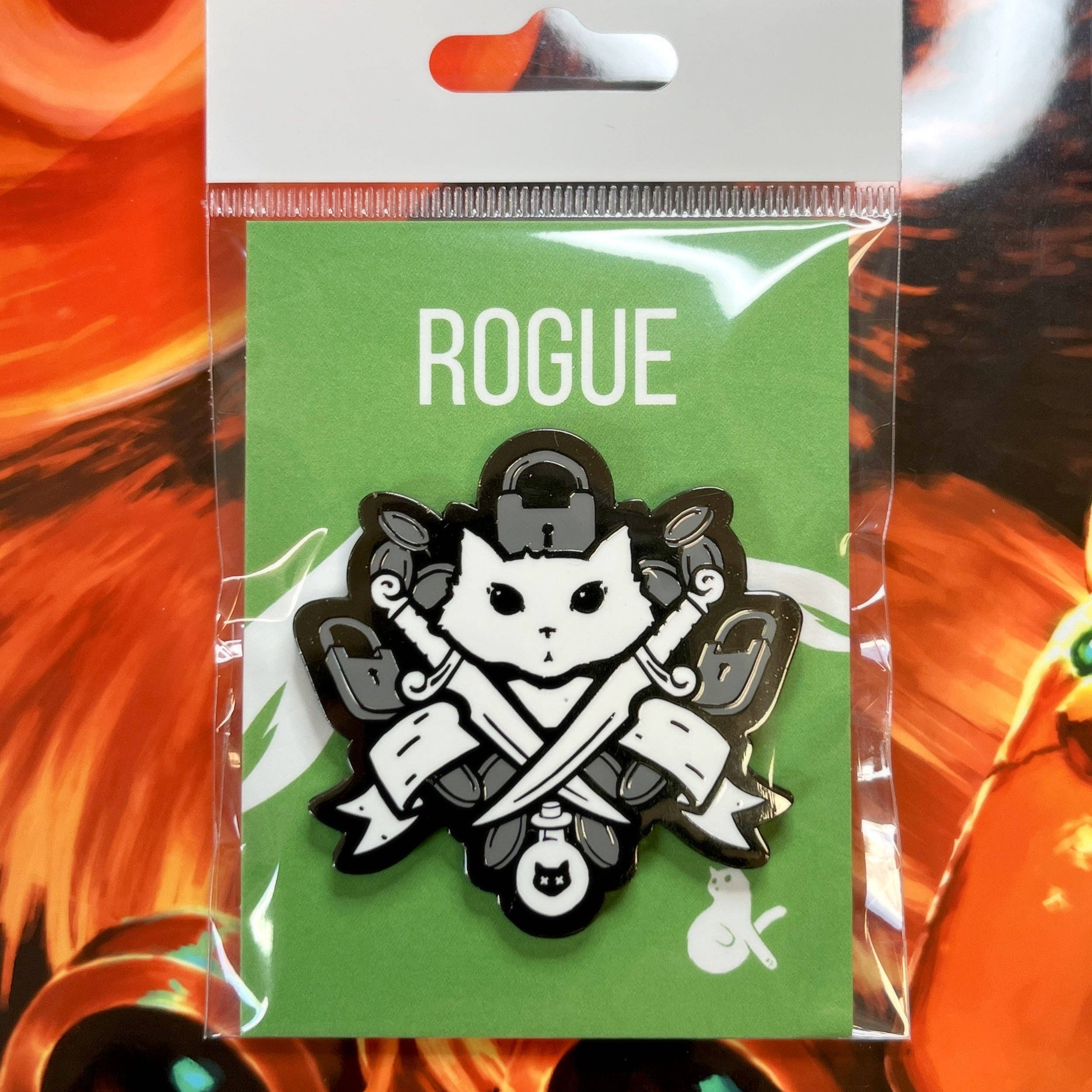 Rogue enamel pin featuring a cat in rogue gear with daggers, black nickel plated.