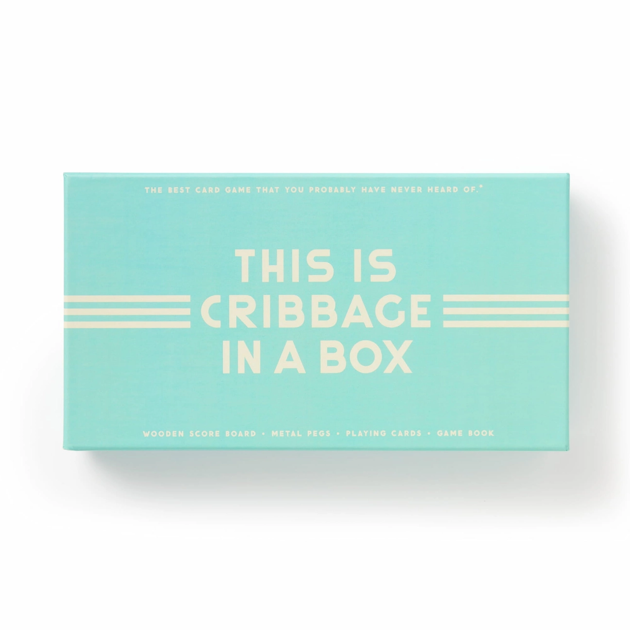 Turquoise Cribbage in A Box Game Set with wooden board and playing pieces inside.