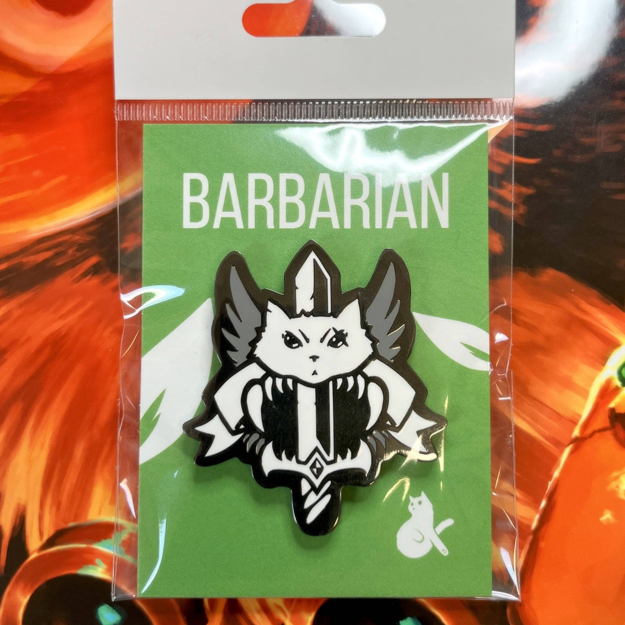 Barbarian Enamel Pin featuring a winged cat in barbarian armor with butterfly clutch.