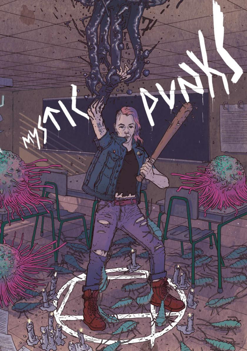 Mystic Punks or solo RPG product featuring a punk with a bat confronting monsters in a candlelit classroom.