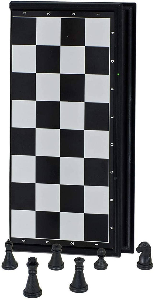 8-inch Magnetic Chess Set with a vertical black-and-white board and six black chess pieces displayed in front.
