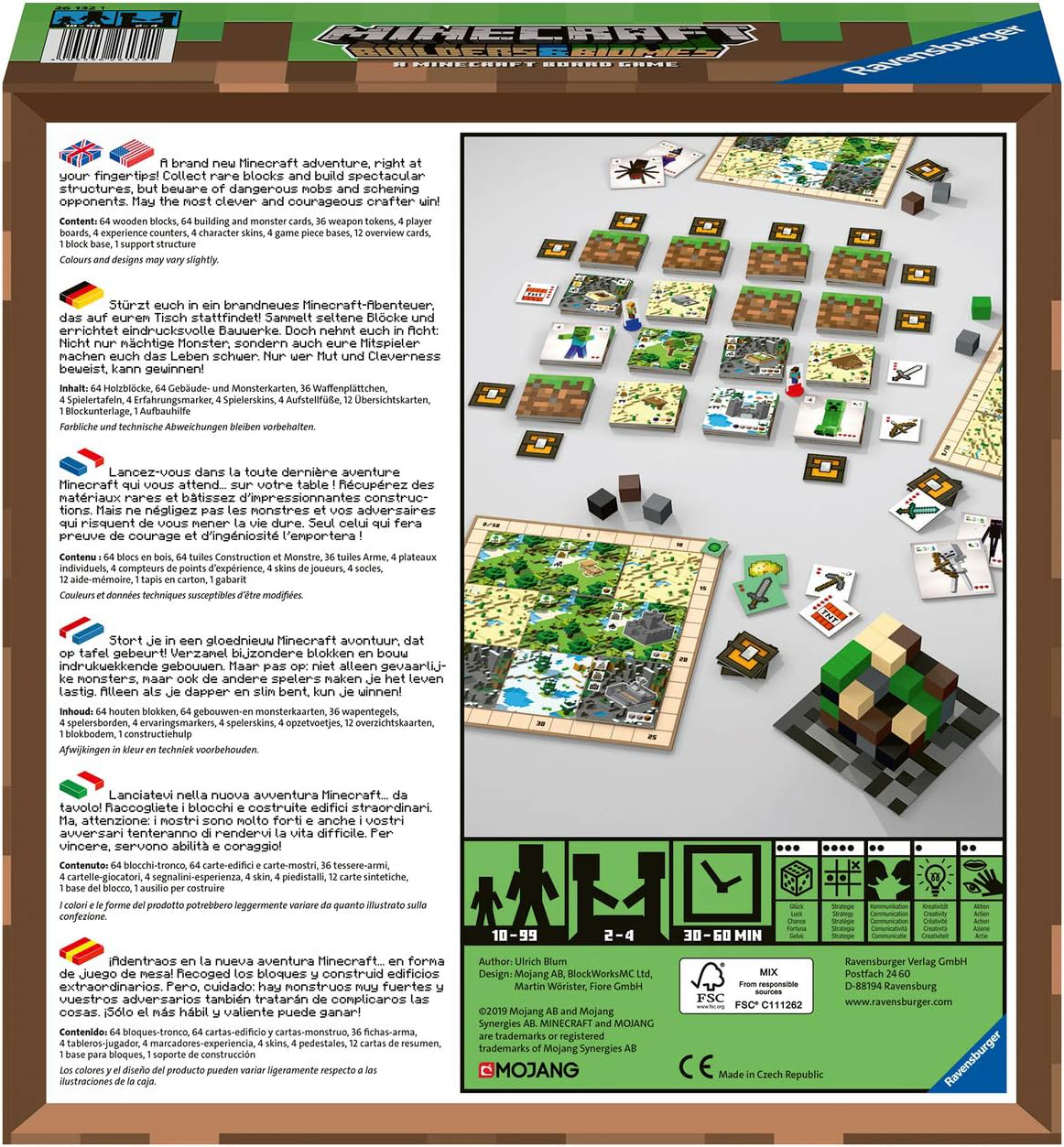 Back of Minecraft Builders and Biomes Board Game box with pieces, cards, instructions, and multilingual text shown.