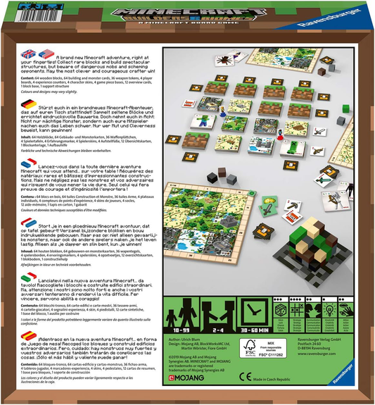 Back of Minecraft Builders and Biomes Board Game box with pieces, cards, instructions, and multilingual text shown.