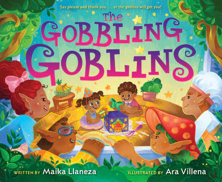The Gobbling Goblins picture book featuring five goblins dining, inspired by Filipino mythology.