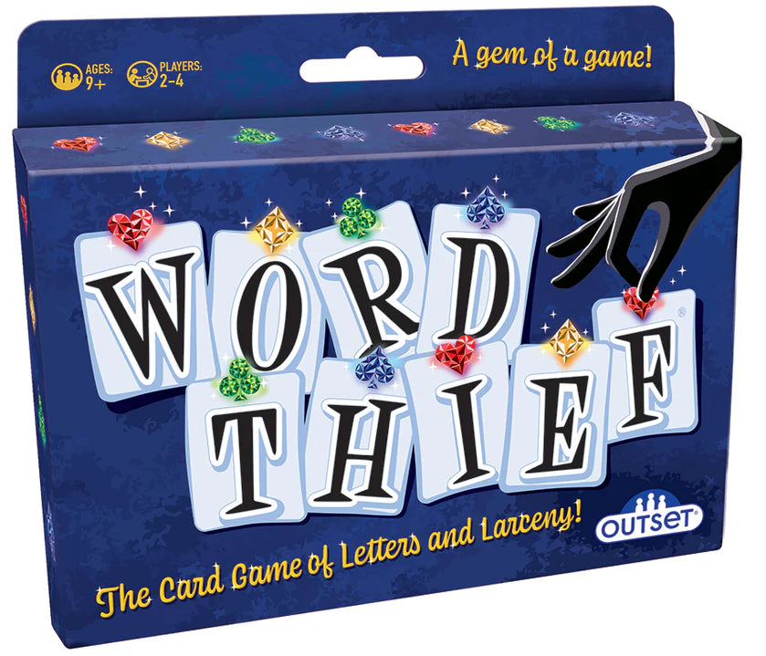 Word Thief game box with letter cards; ages 9 and up; 2-4 players.