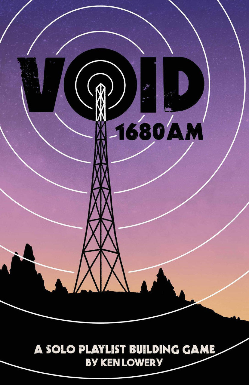 VOID 1680 AM logo with a radio tower emitting waves; mountains and sunset in background, RPG radio show theme.