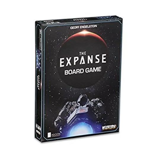 The Expanse board game box featuring experimental ships and a red planet on a starry space background.