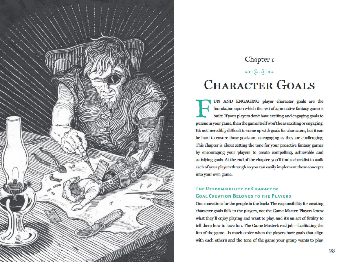 D&D 5E Book of Proactive Roleplaying featuring a cyborg with a mechanical arm writing under a lamp.