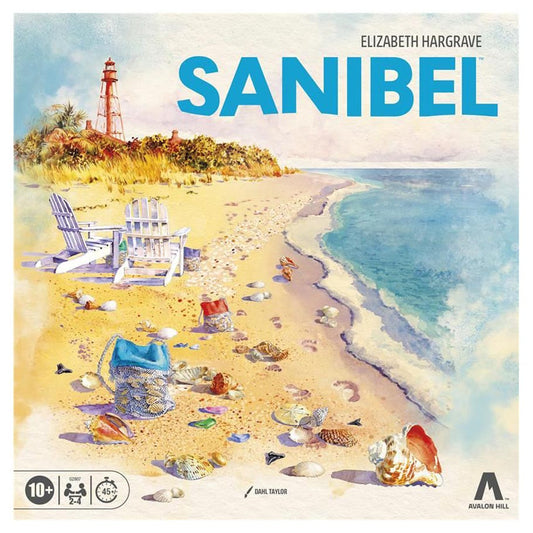 Sanibel game title in bold blue letters on an illustrated beach with seashells, chairs, and a lighthouse.