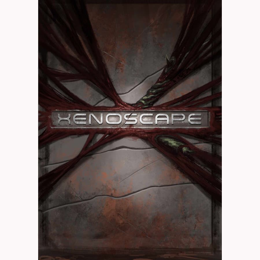 Xenoscape sign surrounded by dark, tangled roots; post-sci-fi TTRPG survival and resource management theme.