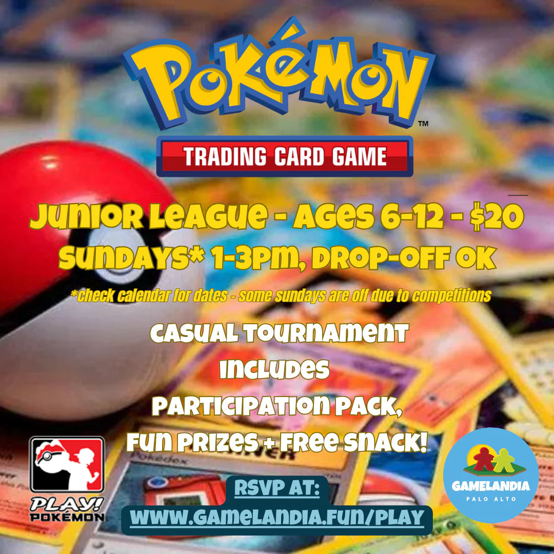 Pokemon Junior League for ages 6-12 at Gamelandia on August 16, 1-3pm. Prizes and snacks available.