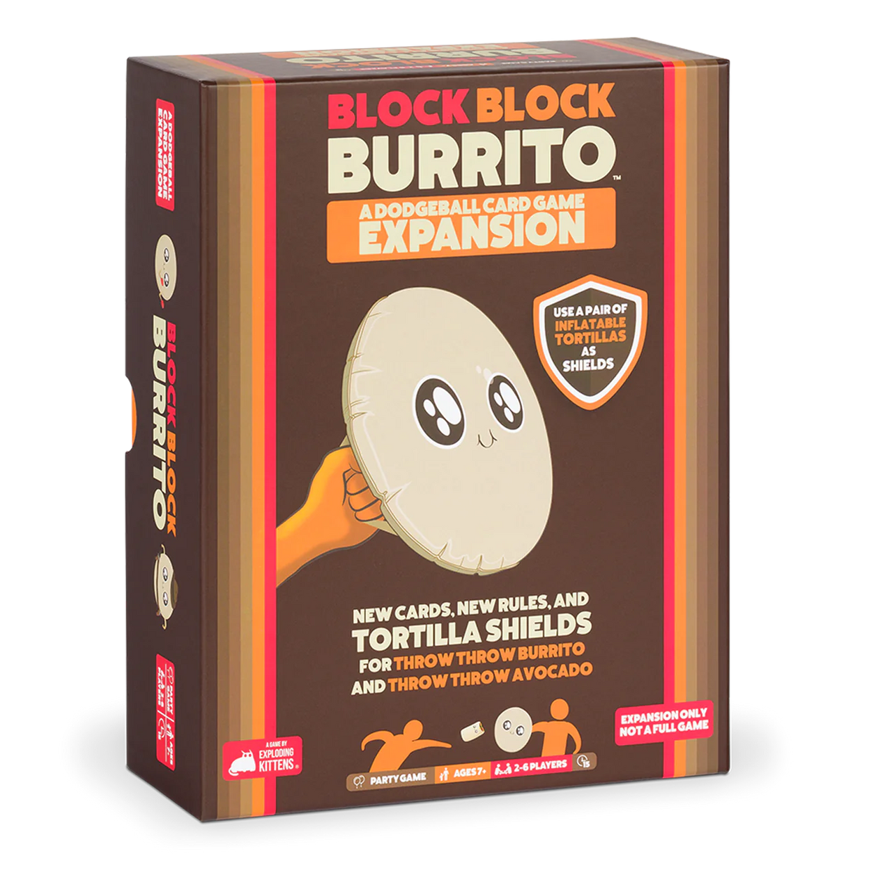 Block Block Burrito Expansion box for the Throw Throw Burrito dodgeball card game, with cartoon tortilla shields.