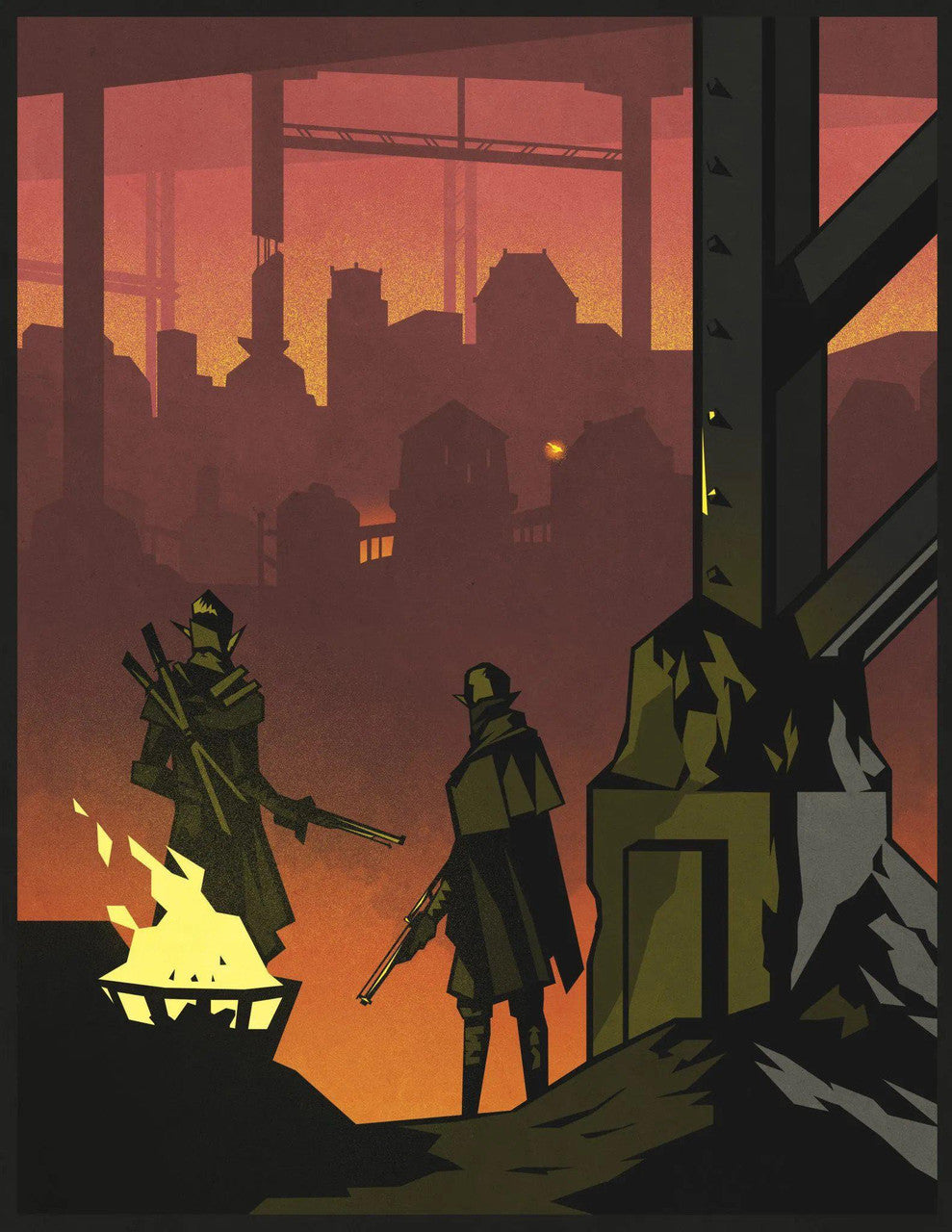 Blood and Dust: a Spire scenario cover featuring two riflemen by a fire at sunset overlooking a city.