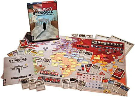 Twilight Struggle: The Cold War Deluxe with map, cards, rulebook, and game pieces displayed on a table.