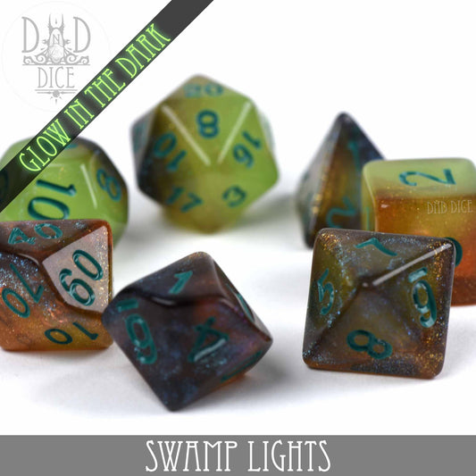 Set of 7 green and brown resin DND dice with teal numbers, glow in the dark.