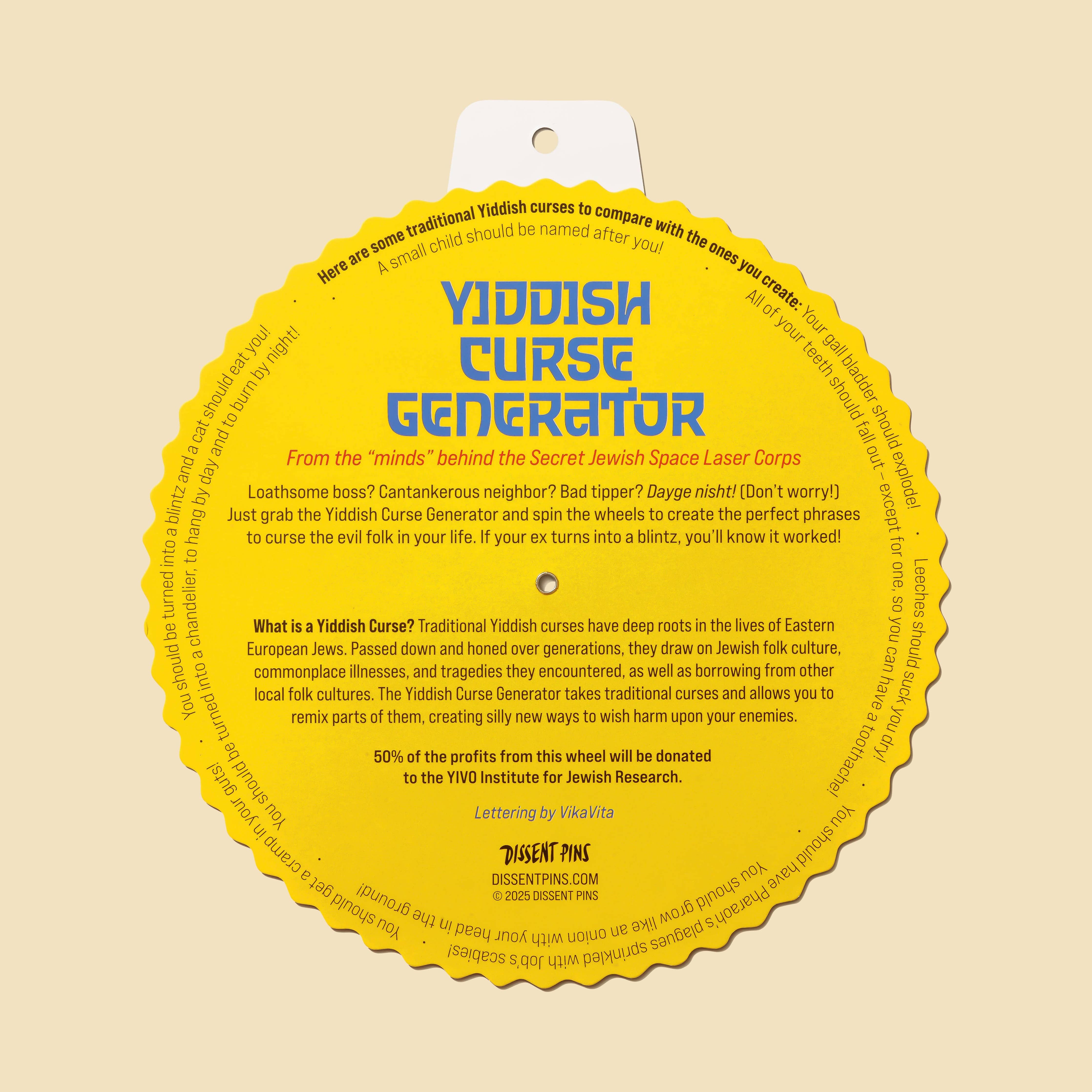 Yellow circular Yiddish Curse Generator card with black and blue text and usage instructions.