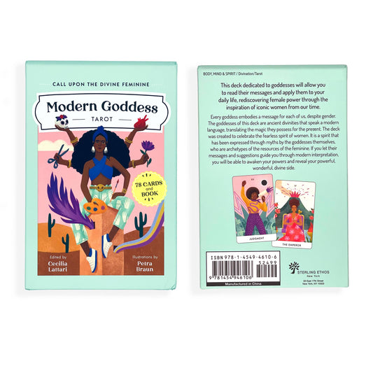 Front and back of the Modern Goddess Tarot Deck box with illustrations of the divine feminine.