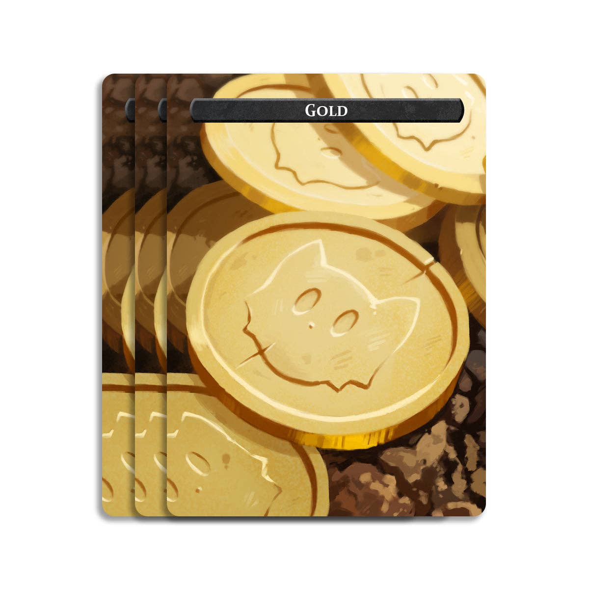 Gold & Goblin Token Set: Three gold tokens with cat faces stacked on a brown surface.