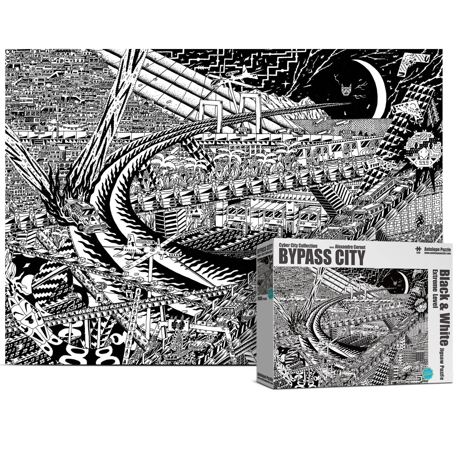 Bypass Cyber City 1000 Piece Jigsaw Puzzle with black and white abstract cityscape patterns.