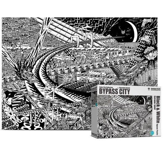 Bypass Cyber City 1000 Piece Jigsaw Puzzle with black and white abstract cityscape patterns.