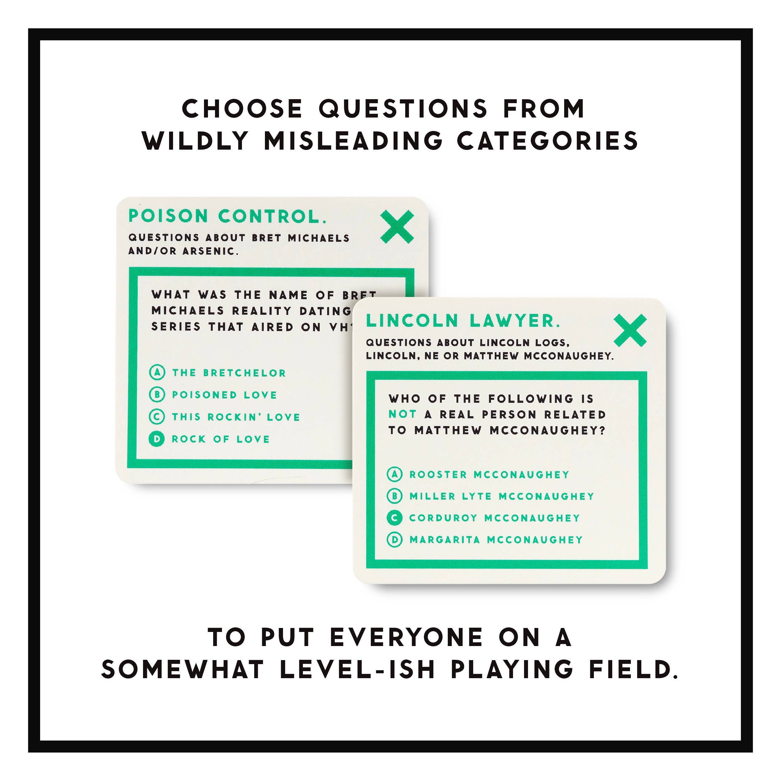 Brass Monkey Incredibly Pointless Trivia game cards showing category titles on a white background.