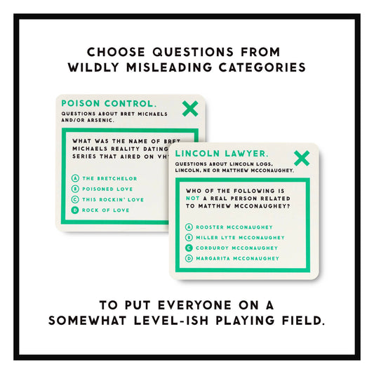 Incredibly Pointless Trivia game with two question cards and trivia selection tips included.