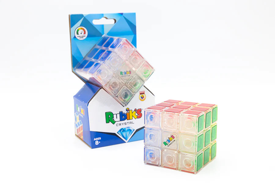 Rubiks Crystal Cube 3x3 with clear, colorful tiles and Rubik’s logo, shown with packaging.