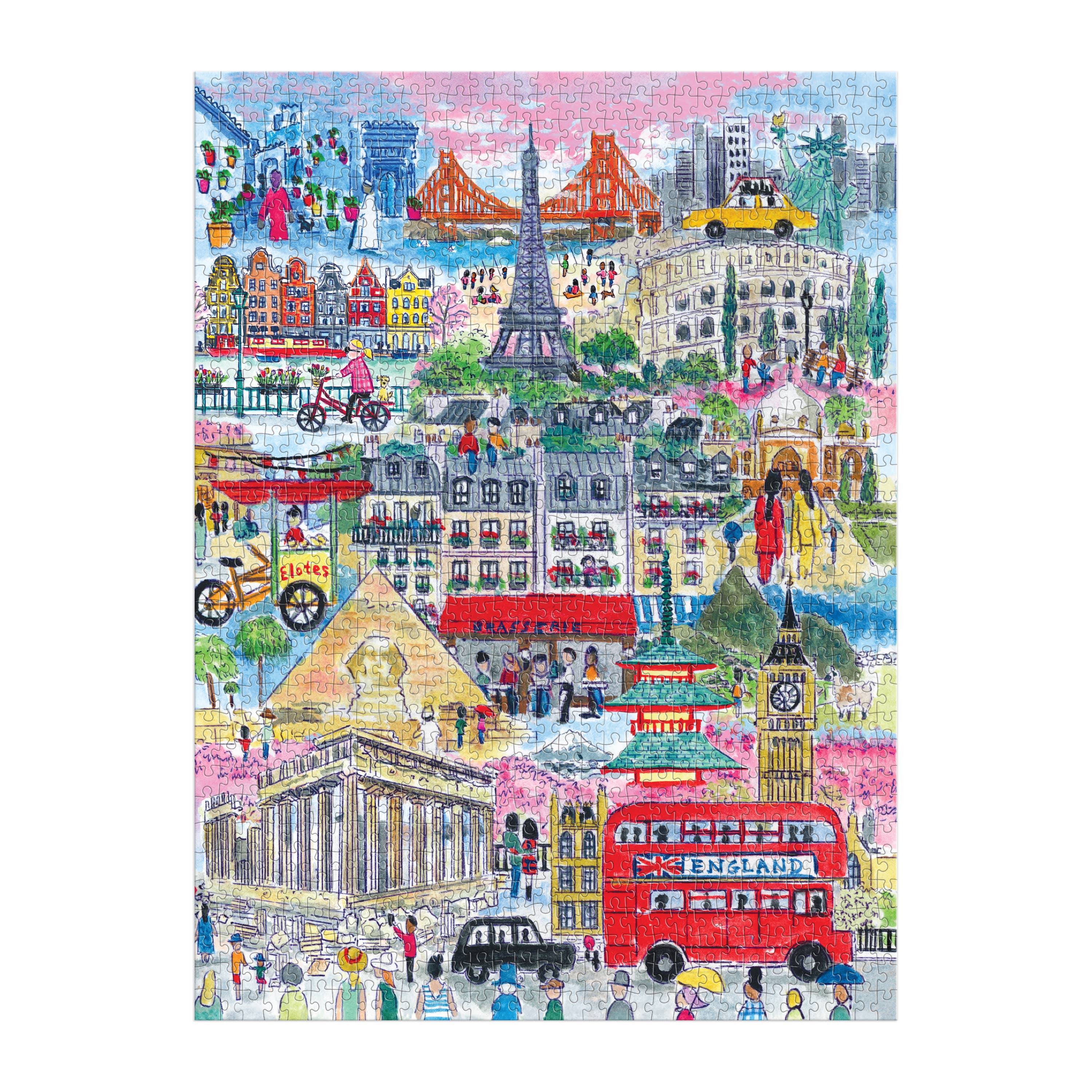 Michael Storrings 1000-piece puzzle featuring Eiffel Tower, Big Ben, pyramids, and a London bus.