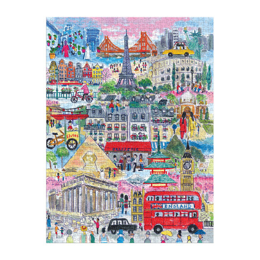 Michael Storrings 1000-piece puzzle featuring Eiffel Tower, Big Ben, pyramids, and a London bus.