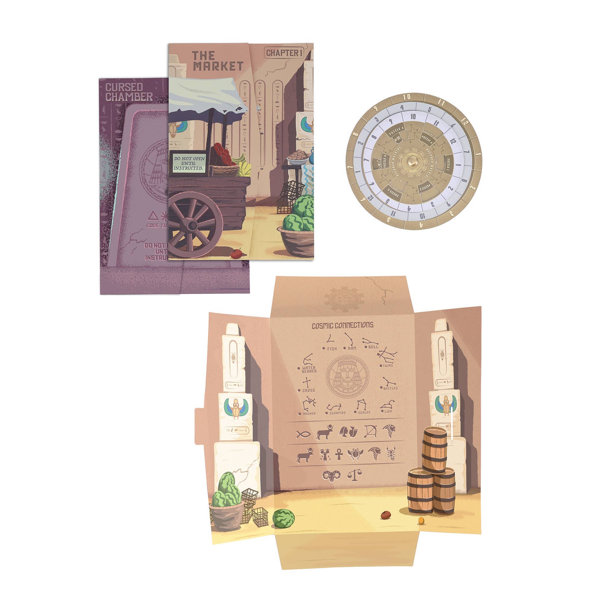 Timescape: Cleopatra’s Curse game with illustrated cards, decoder wheel, and Egyptian-themed map.