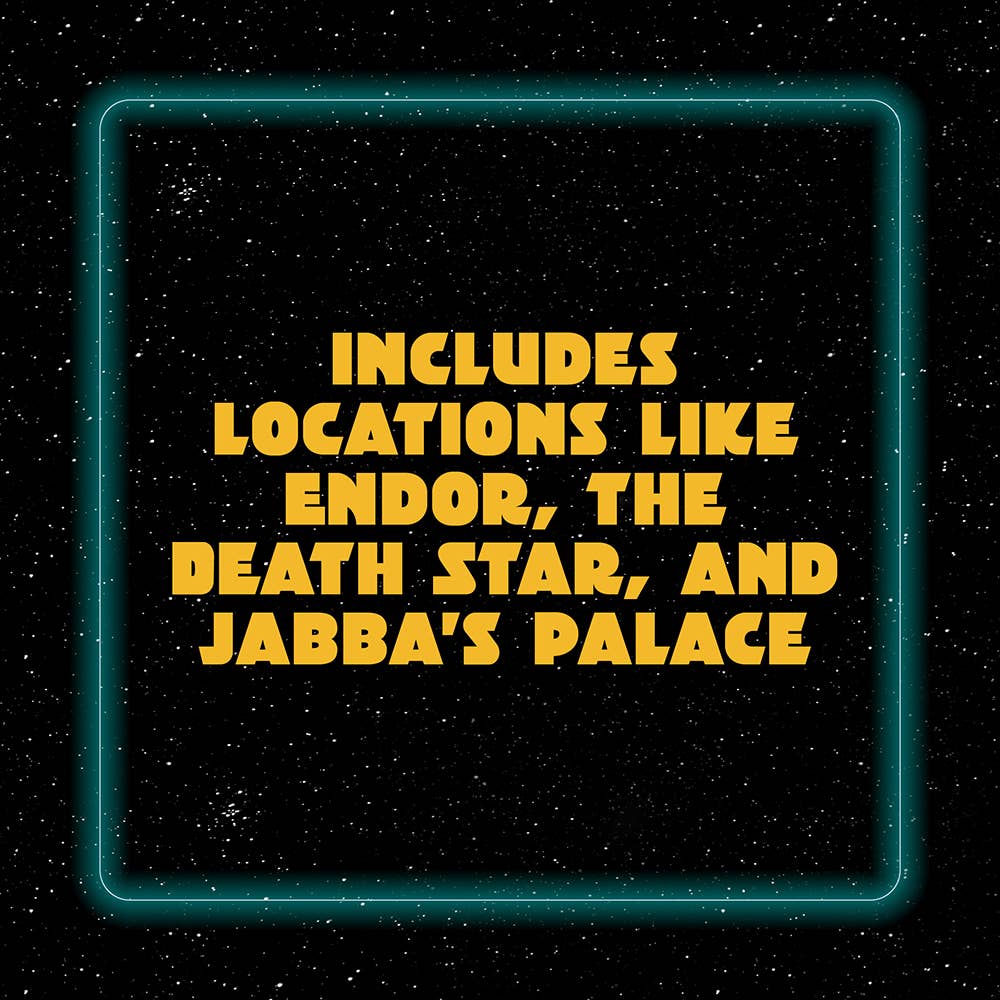 Star Wars Mazes book with yellow text, featuring illustrated puzzles set on Endor, Death Star, and Jabbas Palace.