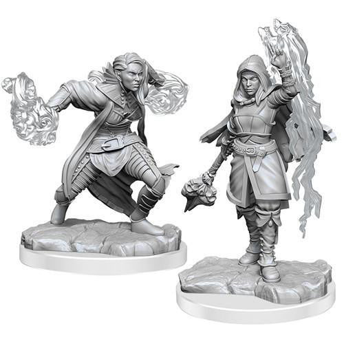 D&D Nolzurs Marvelous Miniatures W20 Half Elf Warlock, set of 2 unpainted spellcaster figures with magical fire effects.