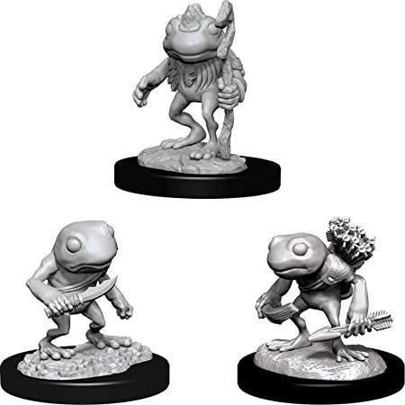 D&D: Nolzurs Marvelous Miniatures Grung Wave 10 set with three unpainted, weapon-wielding Grung on round bases.