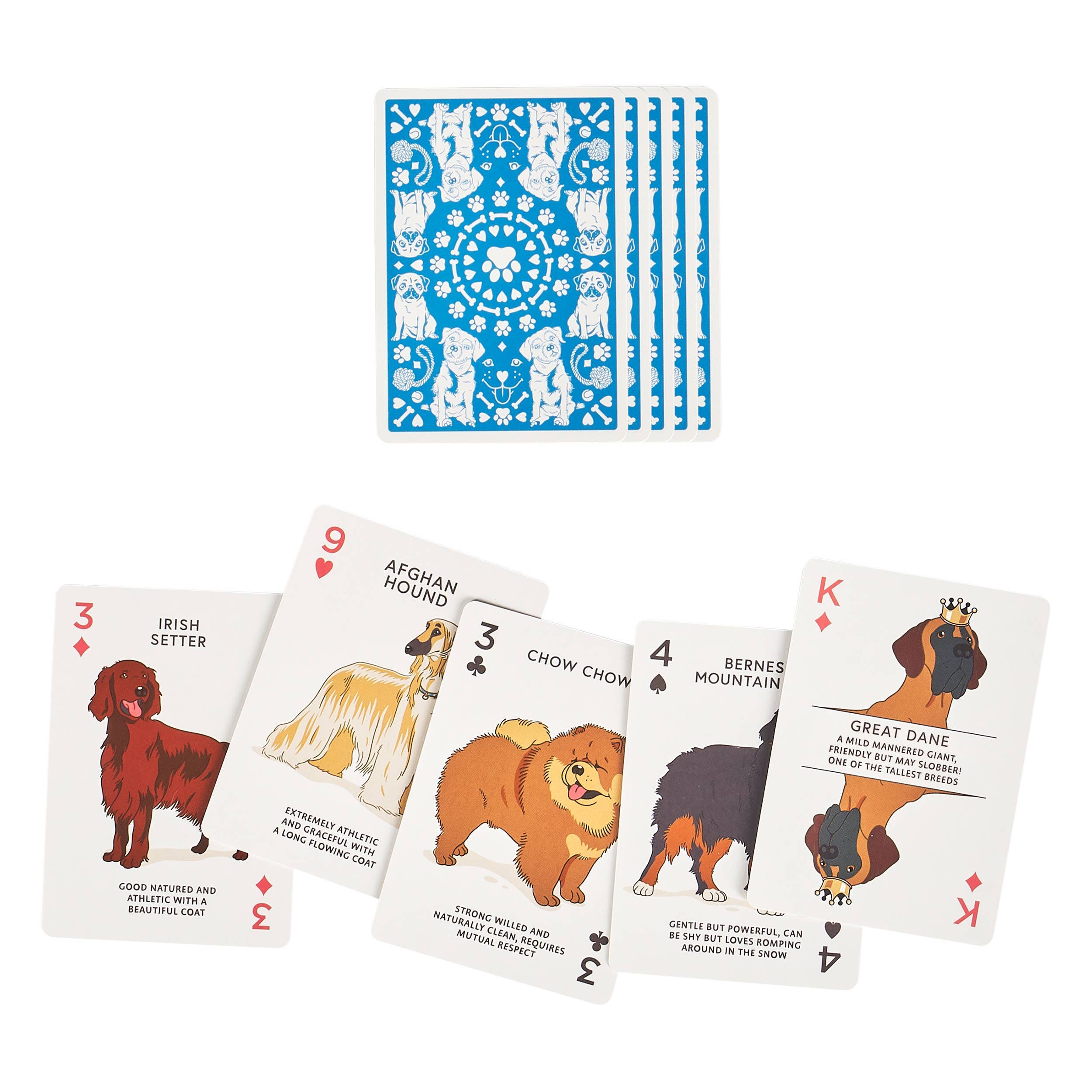 Set of 5 Dog Lovers Playing Cards featuring illustrated dog breeds, with 4 blue-backed cards stacked above.