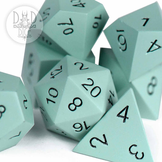 Synth Lab (Metal) 7-piece light blue polyhedral dice set with black numbers.