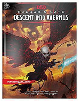 Baldurs Gate: Descent into Avernus cover featuring a winged, armored figure with a glowing sword over Avernus.
