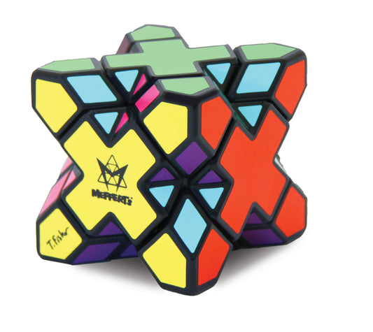 Mefferts Skewb Xtreme, a colorful star-shaped twisty puzzle with geometric patterns.
